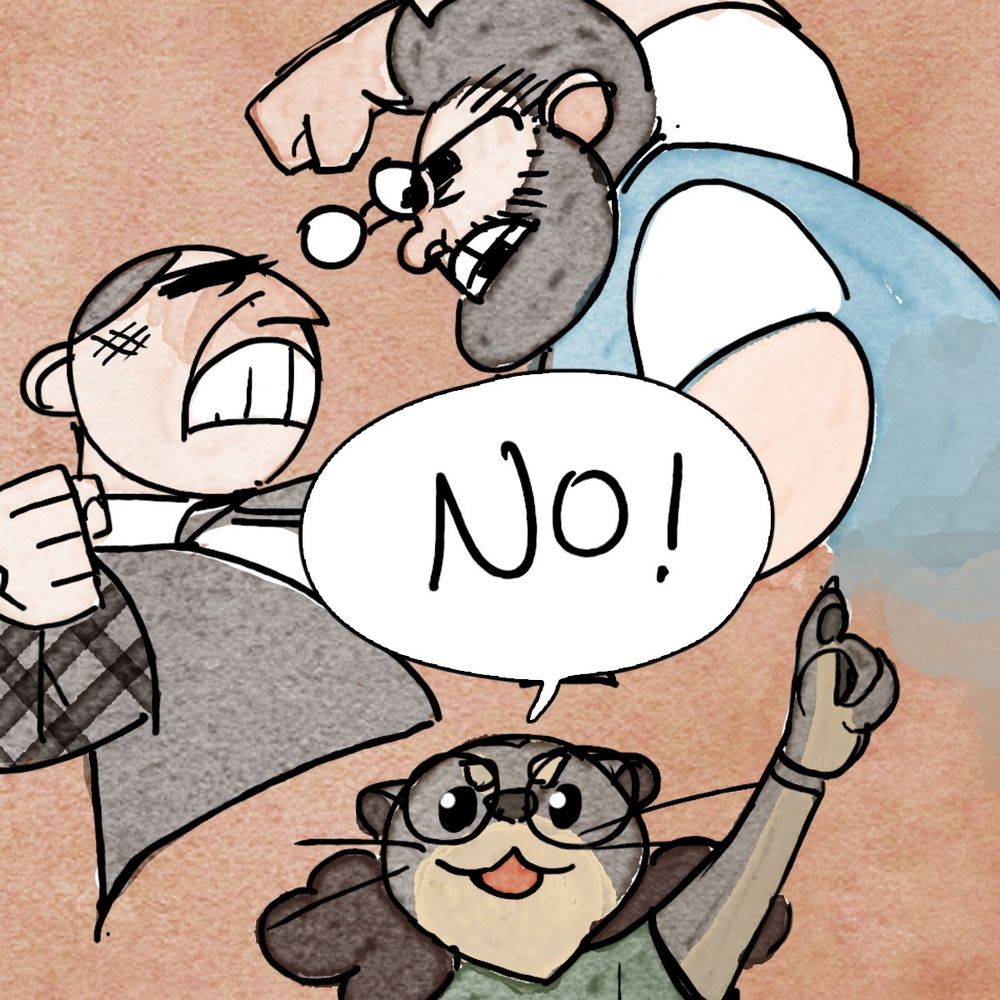 Single panel of Tolkien and Jackson fistfighting, Lottery (a cute little otter) yelling “NO” from below
