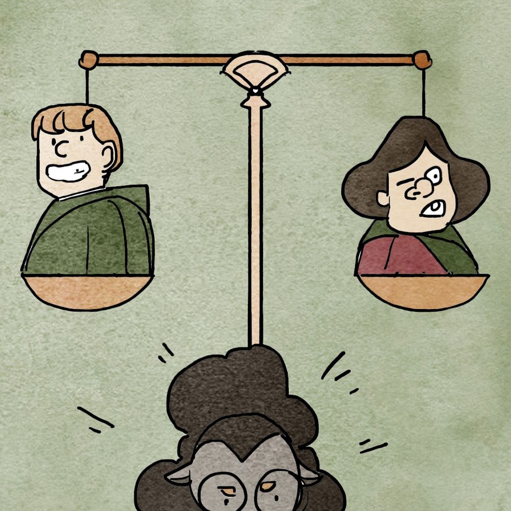 Single panel, a balancing scale with a caricature of movie Sam on one side and a crude version of Bakshi’s weird ass Sam on the other, Lottery is underneath, studying the texts with a furrowed brow, her one braincell working overtime