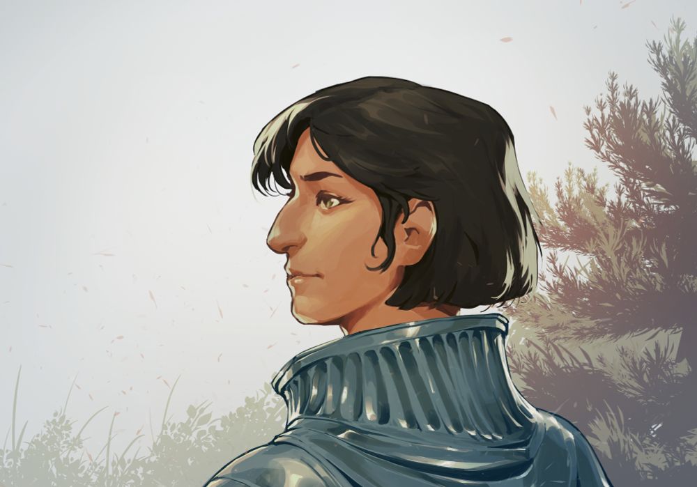 A digital illustration of a female knight's profile, looking into the distance