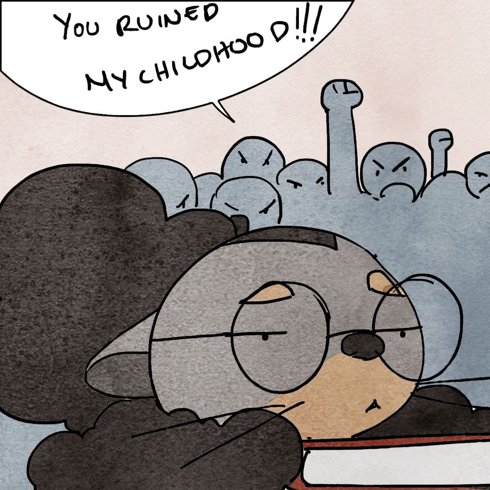 Single panel, Lottery is sad and tired, as people behind her shout “you’ve ruined my childhood!!!”