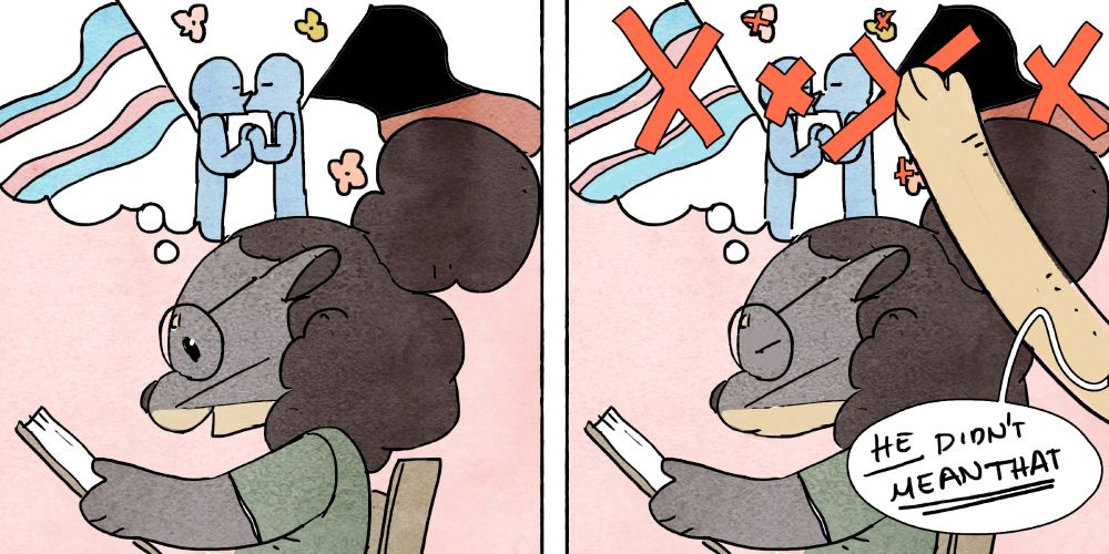 Two panels, on the left Lottery is imagining wild, pansexual, trans, communist utopias. On the right, a boring rube scratches all of them and claims “he didn’t mean that”