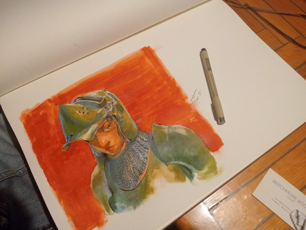 A painting of a knight lady, with a red background, painted on the sketchbook