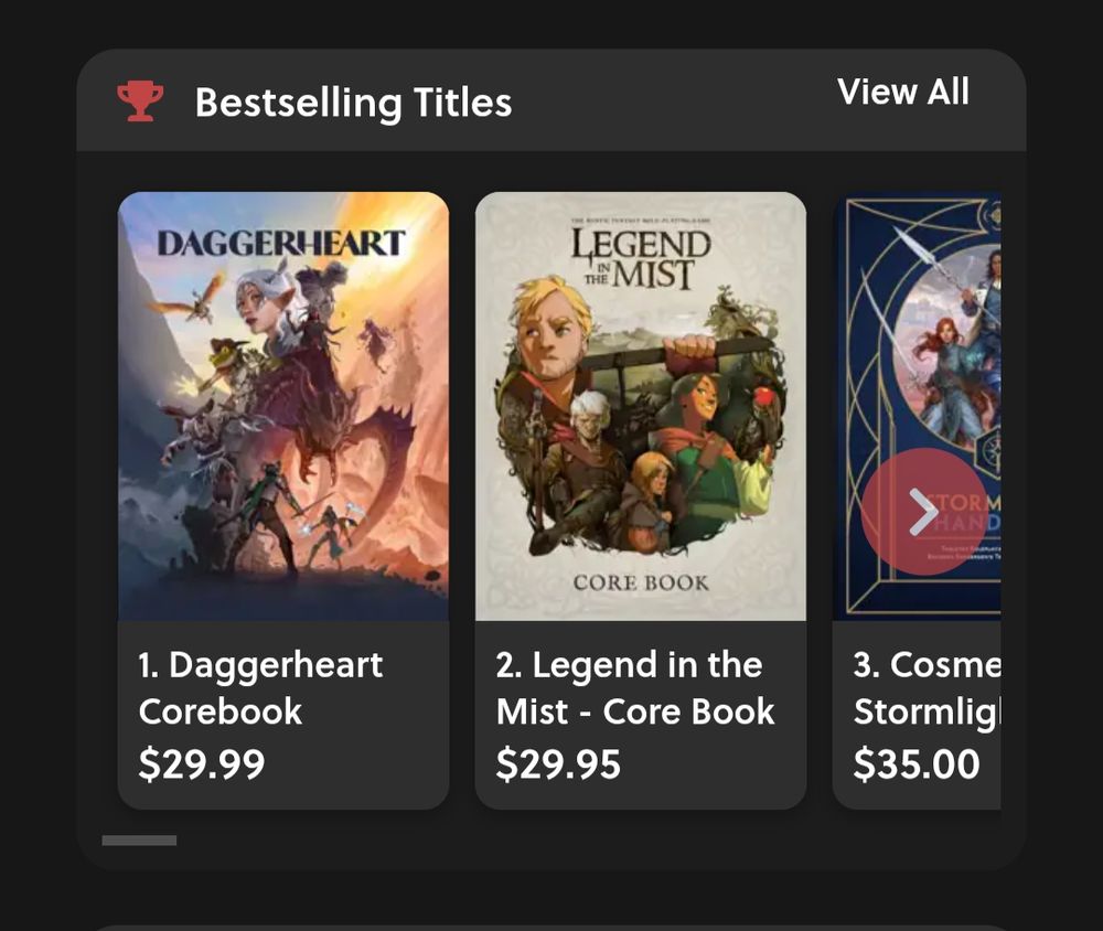 A screenshot of the drivethrurpg website showing the bestselling titles, with 