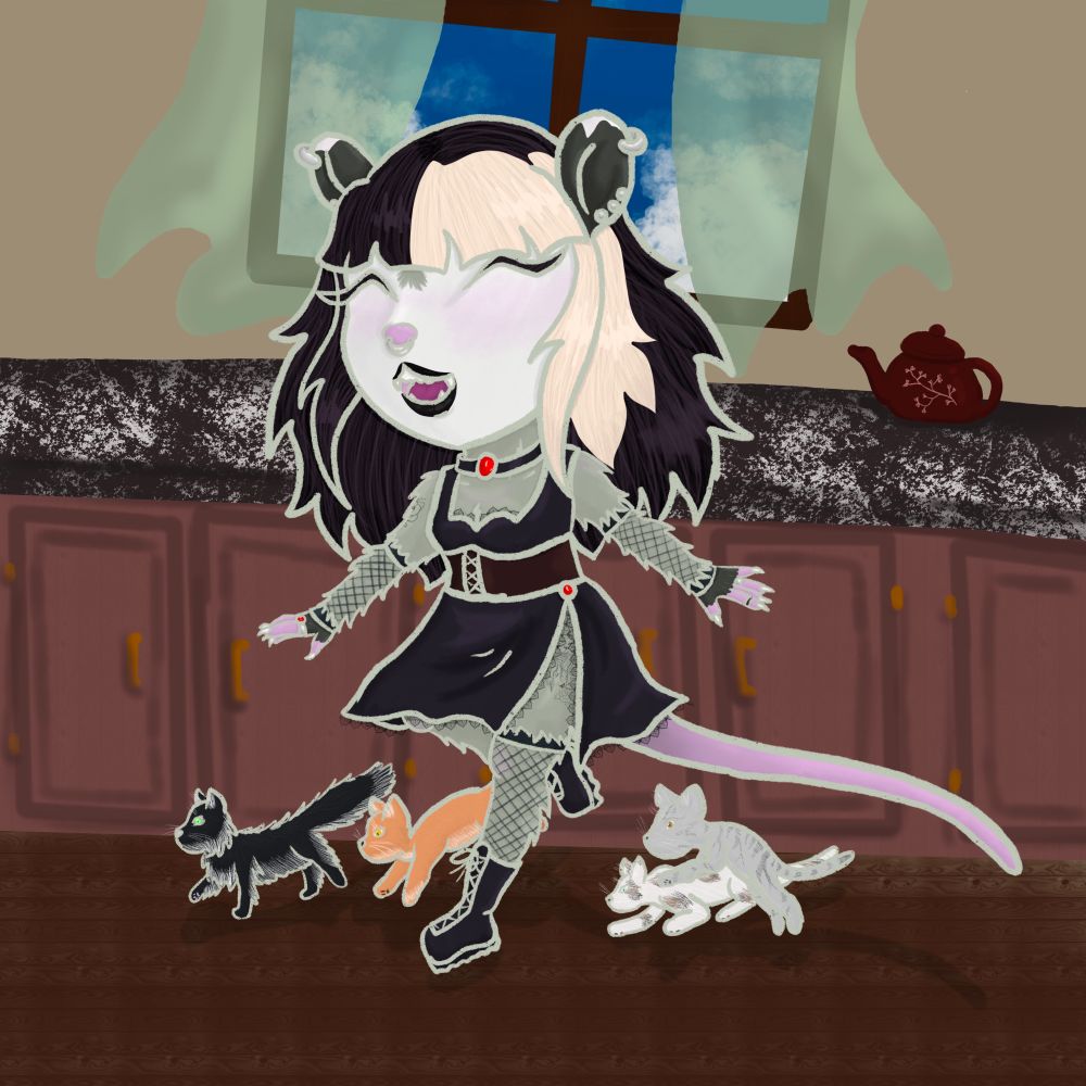 A chibi style drawing of a curvy possum girl. Her expression is an opened mouth smile with closed up curved eyes. Her pose has both arms out to the side, left leg straight down, right leg bent up behind, and tail extending out behind. Her hair is black with half her bangs and a small front chunk of hair on the left bleached. She's wearing a short, black dress with a thigh slit and thick tank style sleeves. Heart lace edges the skirt and scalloped neckline. She has a deep burgundy corset over top. She had fishnets on both arms and the left leg. Black combat boots cover her feet. A black choker, rings in black and silver, and silver piercings complete the look. She has three studs on the bottom of each rounded ear and a ring at the top, as well as a ring in her nose. A red gem sits on her choker, a ring on her right hand, and the top of the slit. Tattoos can be seen peeking between the sides of the slit on her leg and partially hidden on her right arm. Four cats play around her feet. A long furred black cat with white tips leads the group. An orange cat with white markings follows. Side by side at the back are a white dilute calico and a silver tabby. They're in a warm earthtoned kitchen with black marble countertop. A red teapot with pink branches sits on the counter. Directly behind her head is a window showing a deep blue cloudy sky framed with sheer mint curtains.