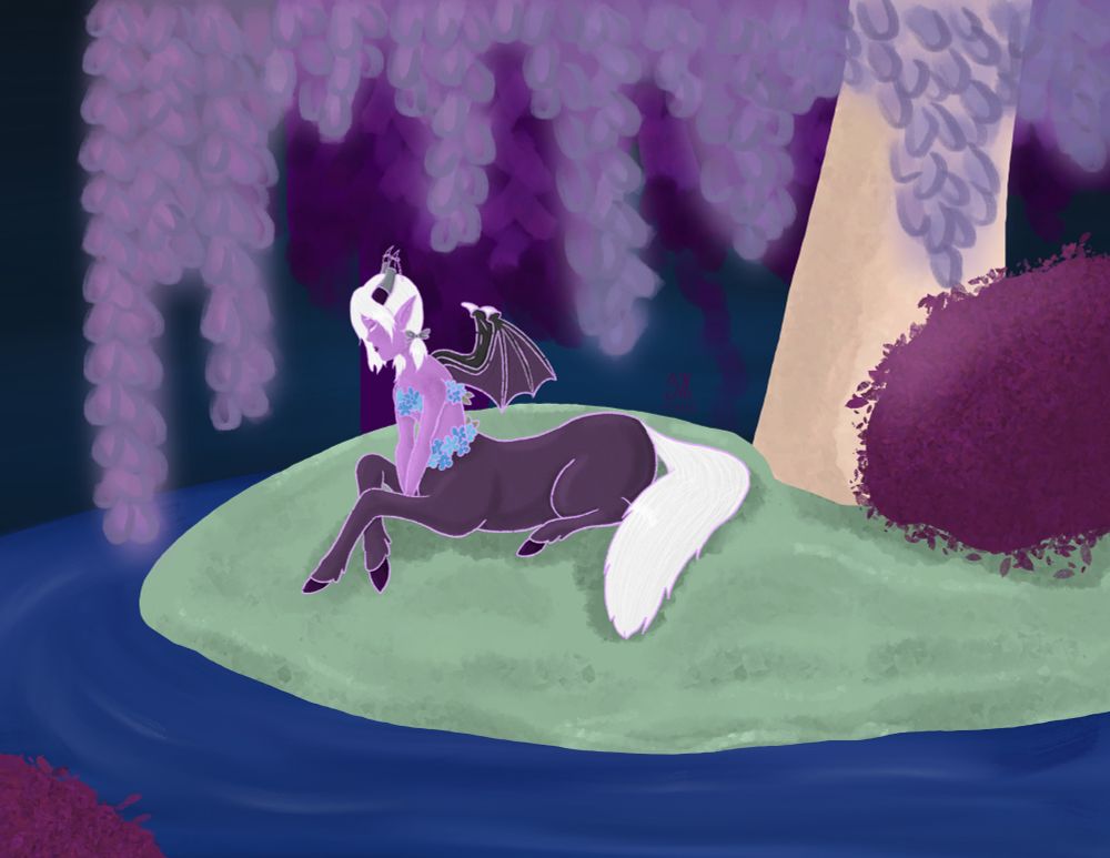 A purple skinned centaur girl with darker purple fur lying underneath a tree with her front hooves crossed. Her arms are placed in front of her in a shy manner. Her eyes are closed and head tilted down framed by white hair with long bangs and pig tails. Two dark purple horns sprout from her head matching the purple of her hooves. The horns have silver cuffs and chains on them. Two bat wings sprout from her back. She is lying on a small grassy island with a maroon bush and a wisteria tree in shades of purples and dark pinks.
