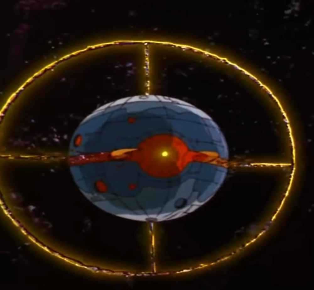 A screenshot from The Transformers The Movie (1984) of Unicron powering up after consuming the planet Lithone
