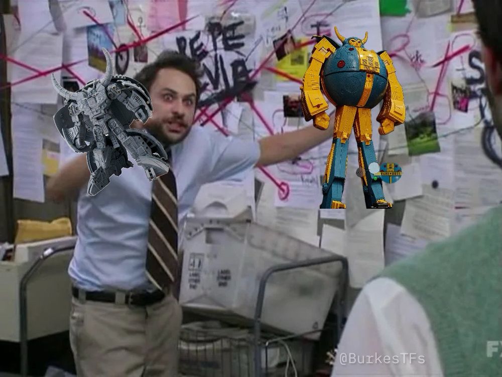 A meme of Charlie from Always Sunny in Philadelphia in front of a conspiracy board holding the Transformers g1 prototype Unicron in one hand and the Beast Wars Neo prototype Unicron in the other.