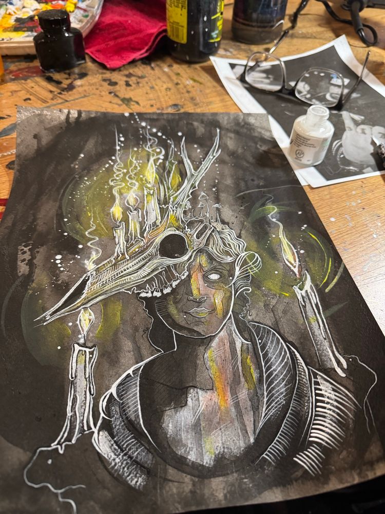 Painting by Ryan case, woman with deer skull and candles. Work in progress 