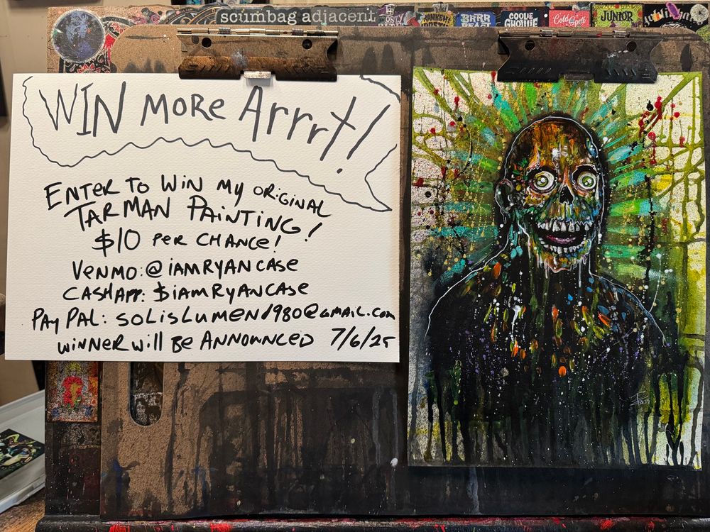 Tarman painting raffle info by Ryan case. $10 per chance to win. Cashapp- $iamryancase, Venmo: @iamryancase