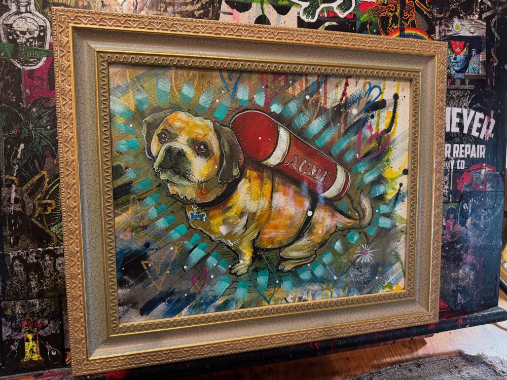 Pet painting of pork chop the chubby dog in an acme rocket costume, by Ryan case