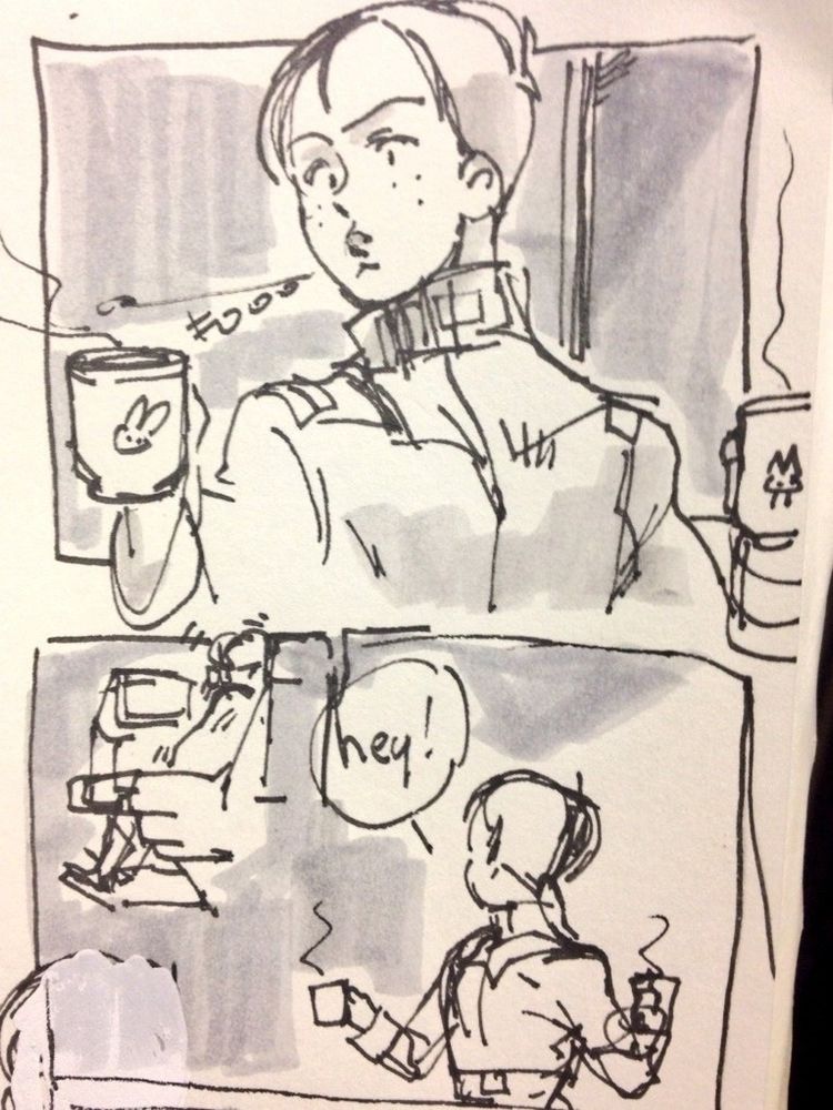 Marker Clan holds two mugs of hot drink, blowing on one, he looks up at Oscar who is shivering in his seat on the White Base bridge, calling out to him, “hey!”