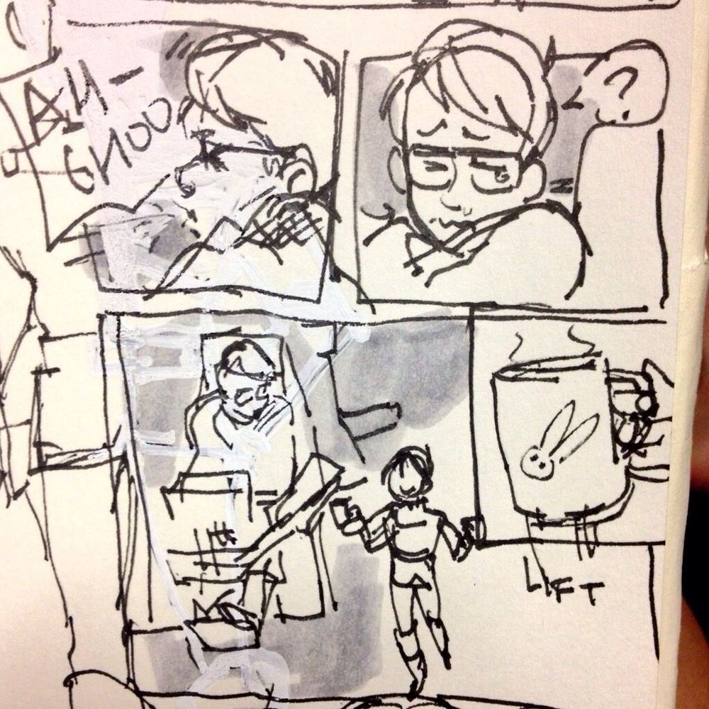 Oscar sneezes loudly “AH-CHOO”, then looks down at Marker “?”, Marker steps forward smiling, lifting up one of the warm mugs 