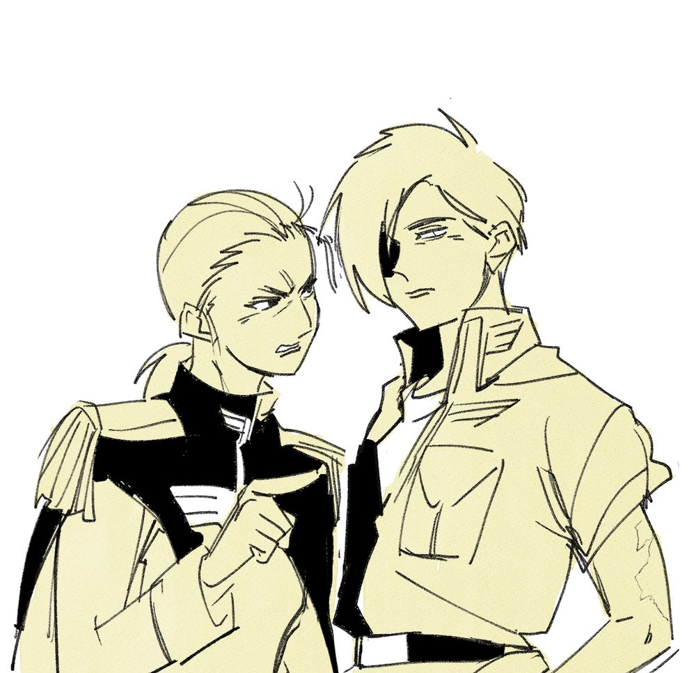 Wufei glares and points at Trowa, as if accusing him, while Trowa looks to the side unimpressed