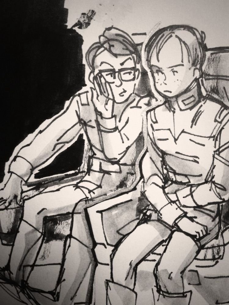 Ink and marker drawing of Oscar whispering to Marker behind his hand. 
