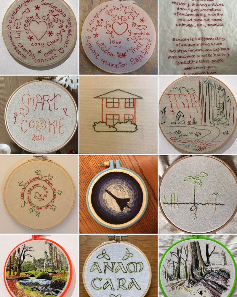 A compilation of 12 photos of my embroidery pieces. Some are stitched words or line drawings in backstitch. Some are thread paintings. 

Ex There is one rectangular redwork piece in a frame, which is a stitched poem entitled ‘redwork’ and one piece that is a simple house design stitched on a mini canvas. The other ten are all in circular embroidery hoops. 

There are positive messages in the pieces with words. For example, the first piece in the top left, an embroidery piece in a hoop, with freehand words stitched in red. In the centre is a heart, around which is the phrase ‘create & chat’. All the words begin with the letter C. There are some flowers stitched with daisy chain stitch, and heart motifs. The stitched words are: contentment, conversation, calm, cherish, cozy, cheer, connect, craft, companions, comfortable.

The bottom left piece is an embroidery ‘thread painting’ in an orange hoop. The scene is a pond in the woods. A tiny figure in the centre stands on a hillock just beyond the water. There are patches of ground stitched in orange and russet, where there is a carpet of fallen larch tree needles.

The last piece, at the bottom right, is an unfinished embroidery in a detailed thread painting style, of a woodland scene, framed in a green embroidery hoop. The large central tree is growing on rock. In the foreground, the purples in the rock strata have been accentuated.