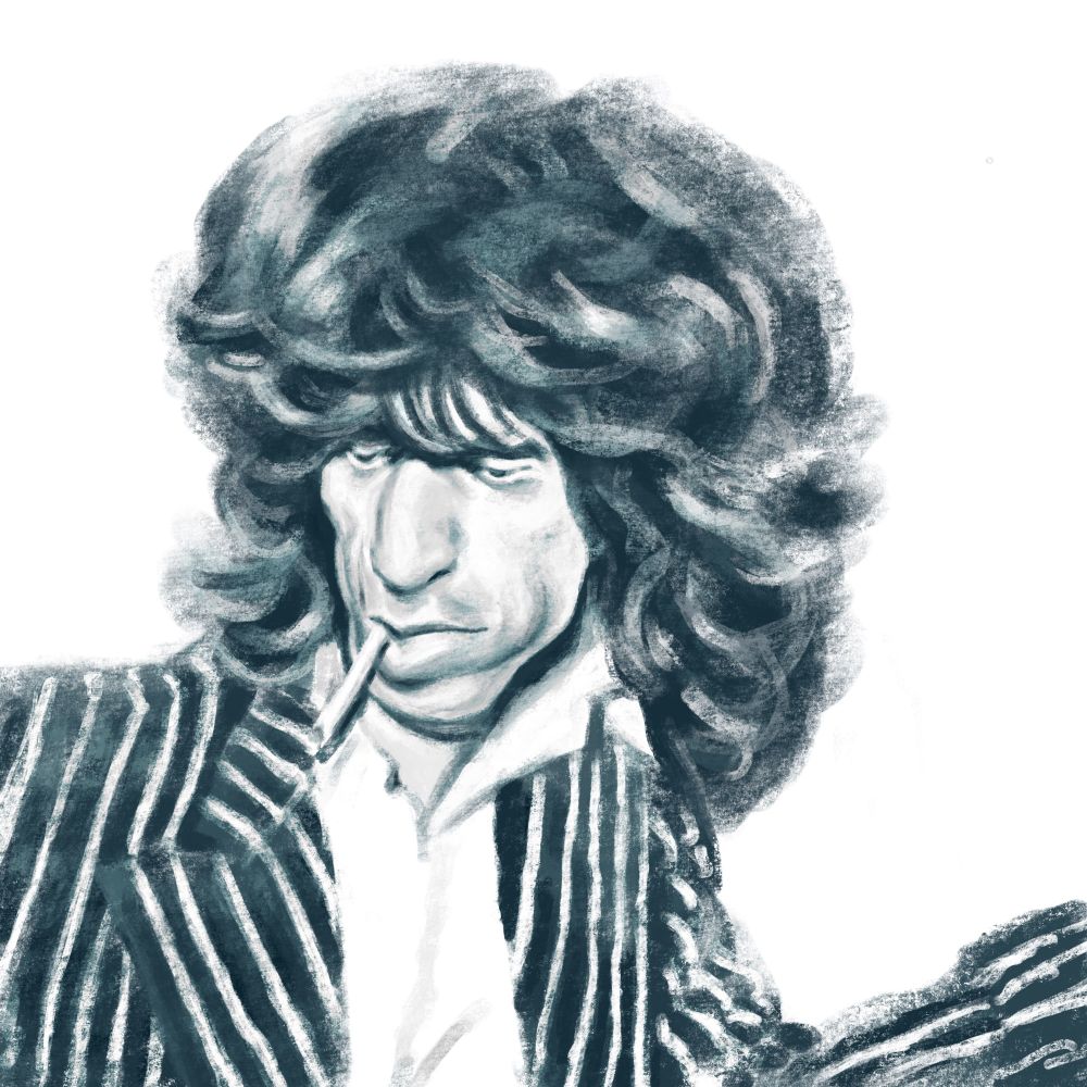 Caricature of Keith Richards in a pinstripe suit
