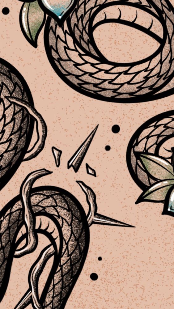 Super zoomed in view of a tattoo flash sheet! Visible are some glimpses of snake bodies, thorns, and plant leaves. 