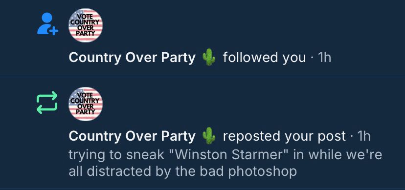 notifications that an account called "Country Over Party 🌵" has followed me and retweeted one of my posts. i've blocked him in order to post this, don't worry x
