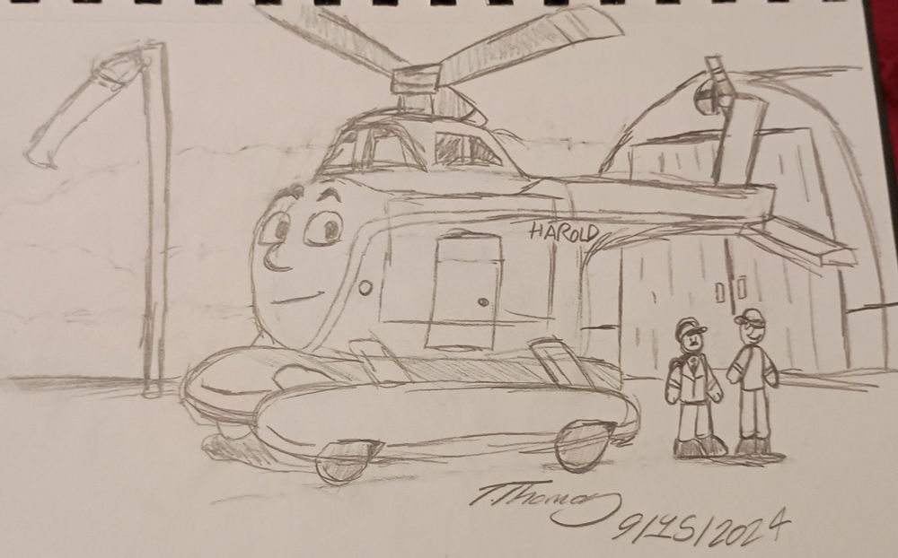 Doodle of Harold the Helicopter resting at his base while his crew members are chatting. 