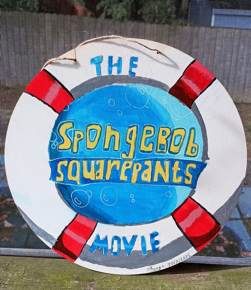 A recreation painting of "The SpongeBob SquarePants Movie" logo on a round canvas. 