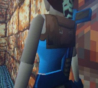 Smoother gouraud shaded texture maps on Tomb Raider running on PlayStation with revised GPU and SGRAM.