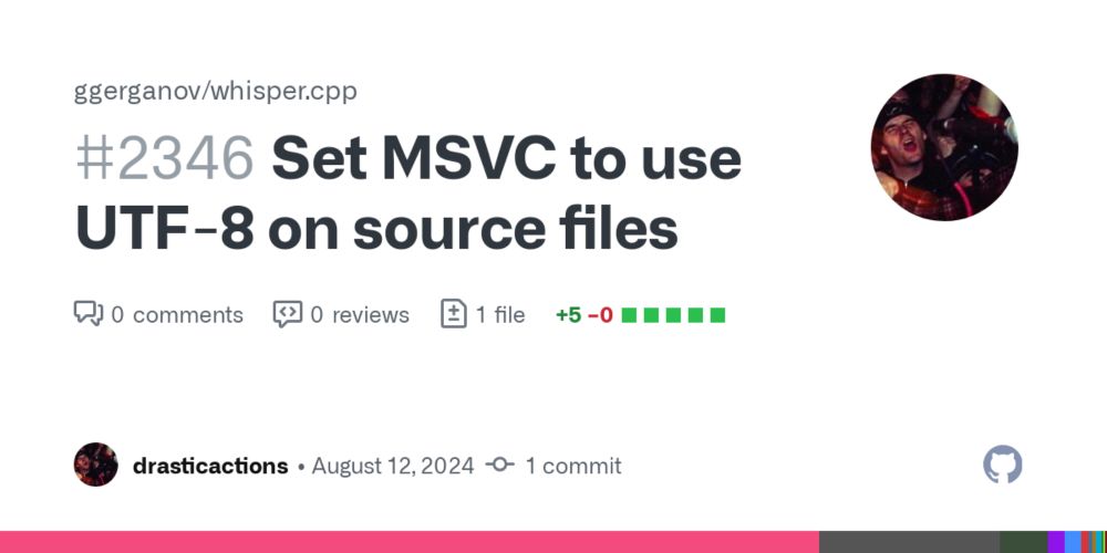 Set MSVC to use UTF-8 on source files by drasticactions · Pull Request #2346 · ggerganov/whisper.cpp