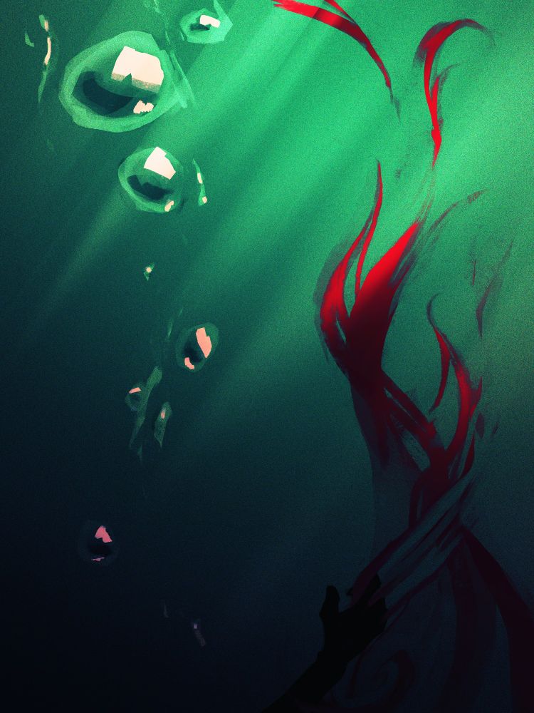 a digital underwater painting. a trail of bubbles and wisps of blood drift upward, while mirroring each other. a shadowed hand gropes helplessly at the rising blood.