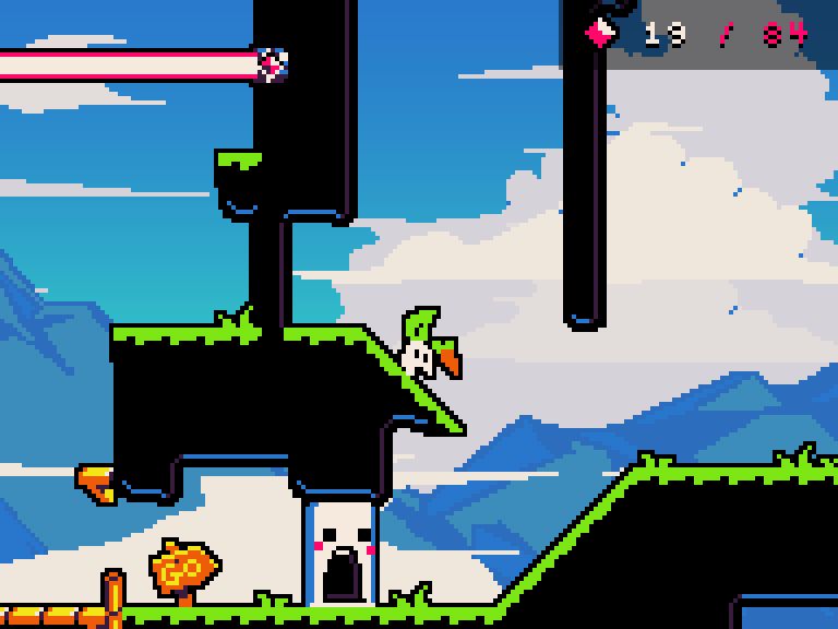 a screenshot from Merp in Merpworld depicting the new subtle purple and blue highlights on the black part of the grass tileset. merp is holding a carrot that mr. door covets.