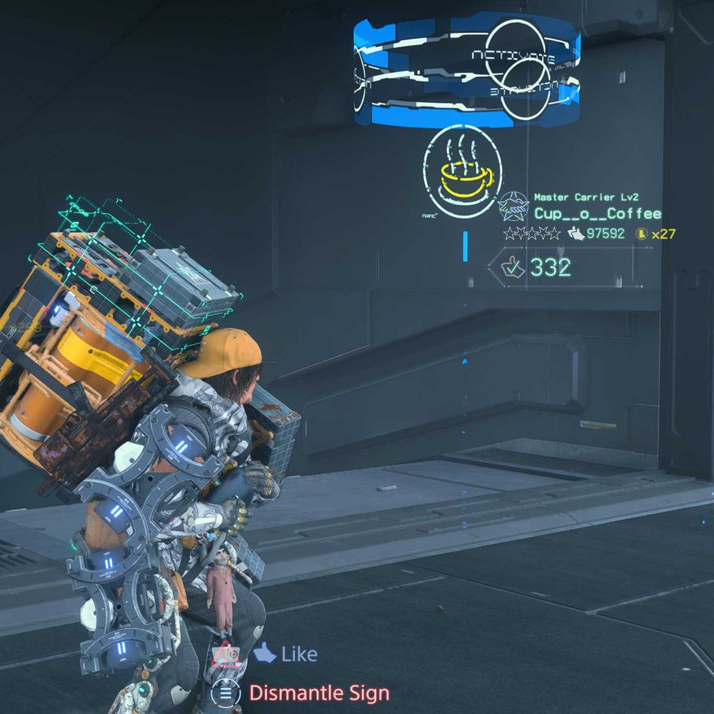 screenshot from Death Stranding 2 showing a coffee player sign posted by the player "cup o coffee."