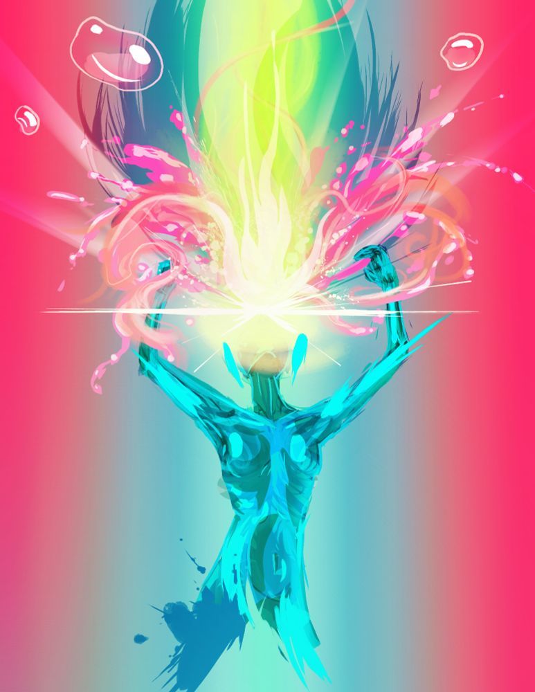 an abstract digital painting comprised of vibrant cyan, magenta, and lime green. it depicts a translucent, specular woman lifting her arms as her face explodes into a spray of light, bubbles, and paint.