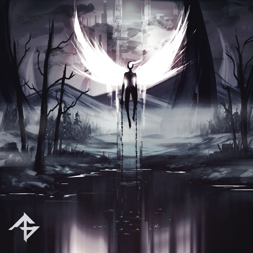 a digital painting depicting a shadowy humanoid with white light for wings and face rising from a desolate, foggy lake. chains drop from its wrists.