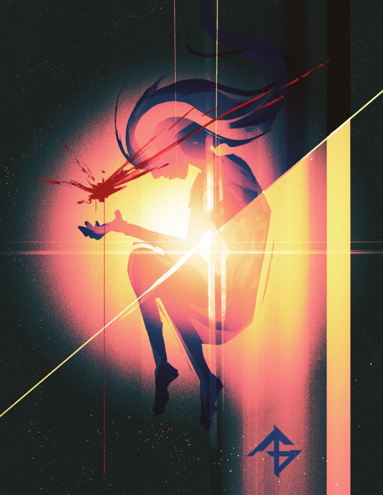 a digital abstract painting depicting the ghostly shape of a woman's body adrift in space using deep blues, magentas, and yellows. a bloody splatter is hovering above her open palms.