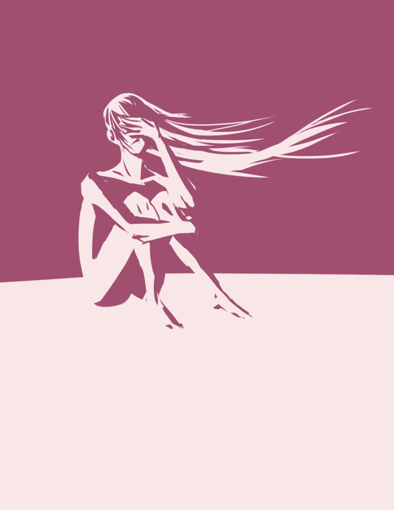 2 color digital illustration of someone holding their knees to their chest and sobbin, hair flowing gracefully like it was caught in the wind.