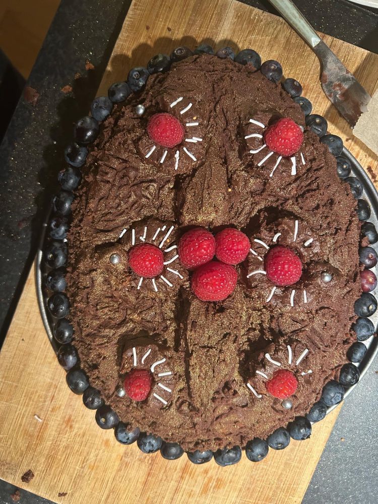 Chocolate cake with raspberries and blueberries shaped like Viking Age oval brooch 