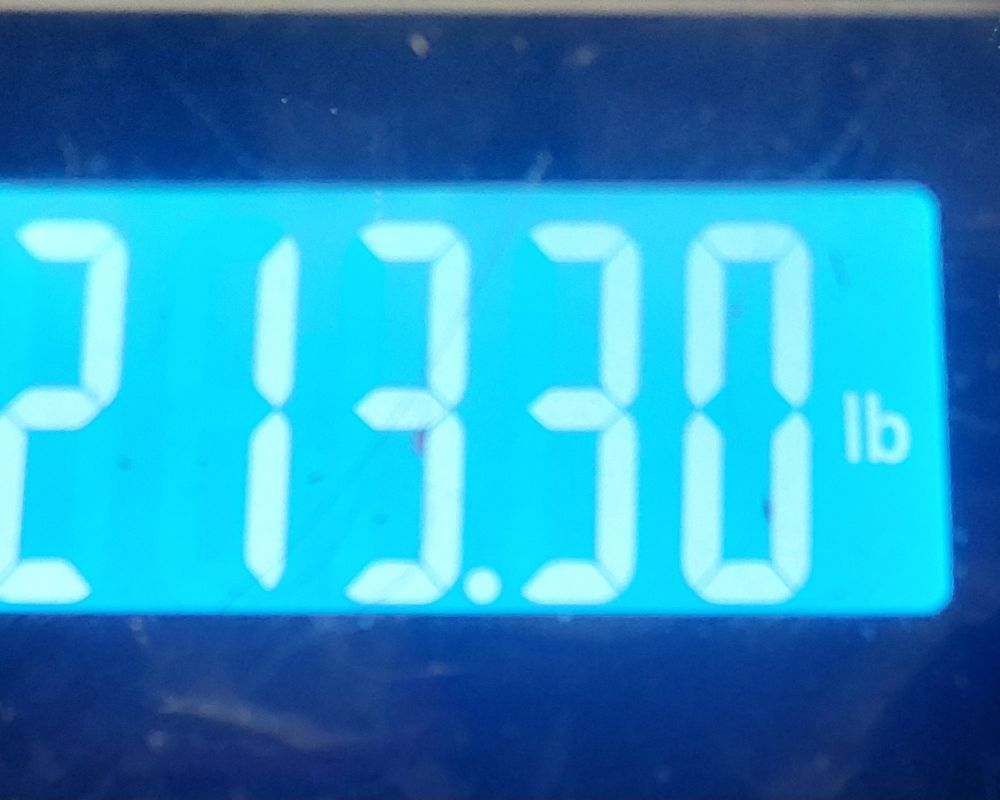 My bathroom scale showing I now weigh 213.3 pounds.