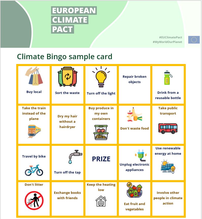A Climate Bingo Sample card showing a 5x4 grid of icons representing different actions to support climate change, such as 'Turn off the tap', 'Travel by bike' and 'Buy produce in my own containers'