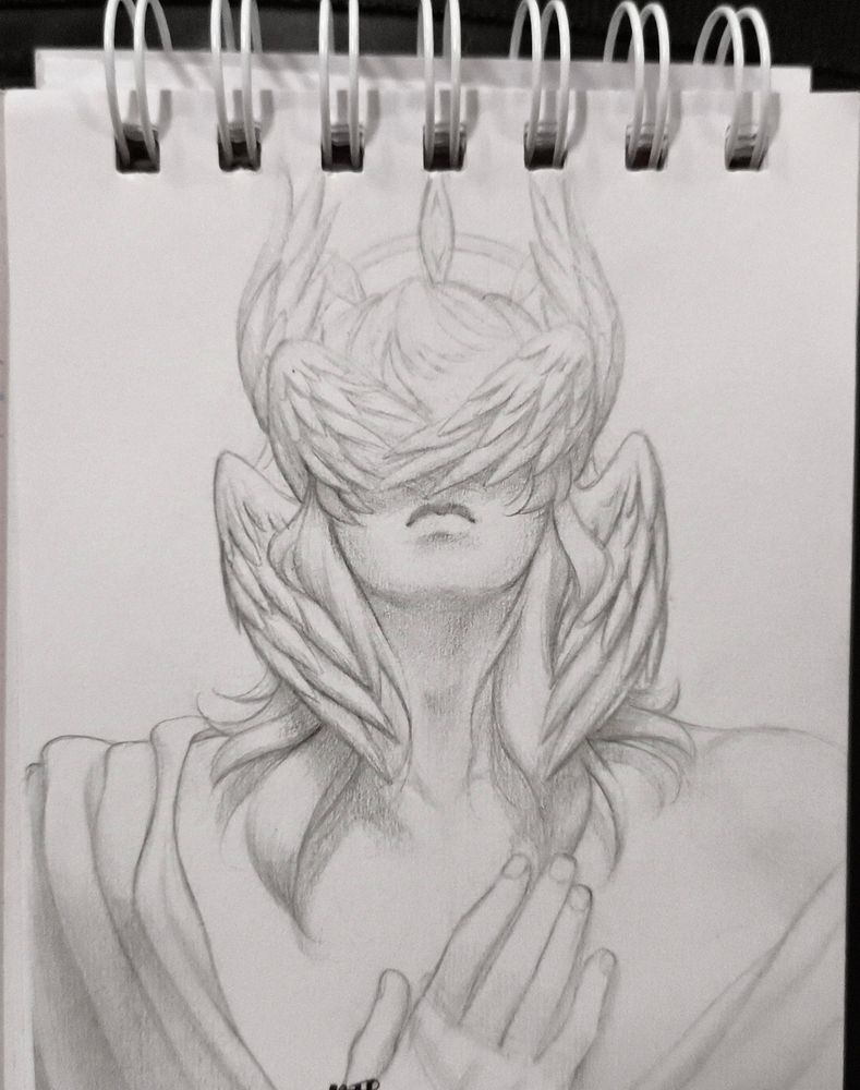 A man with a six pairs of wings on his head, behind his ears, like a seraphim. The lowest pair is lowered, the middle pair is covering his eyes and nose, the upper pair is raised framing his halo. The man has a hand on his heart and is wearing some sort of tunic that leaves his chest exposed.