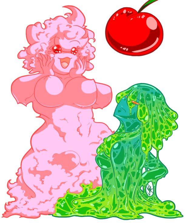 Two slime girls, one made out of strawberry whipped cream and another made of tropical gelatin. There's a giant cherry dangling above them. The pink one's pretty excited about it, the green one....... not so much.