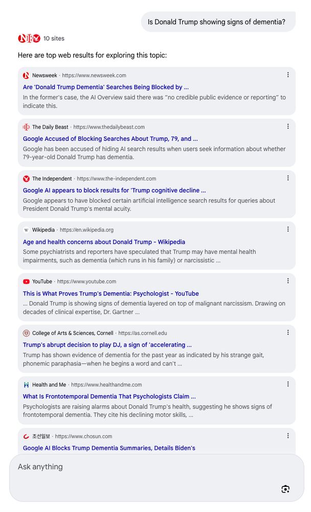 Screenshot from Google's AI search results, showing nothing but blue links for a search about whether Trump is showing signs of dementia.