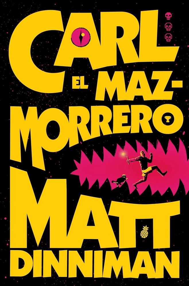 Portada del libro Carl el mazmorrero, de Matt Dinniman.
Sobre fondo negro se leen el título del libro y el nombre de su autor. Sus letras son amarillas, grandes y desiguales y ocupan casi todo el espacio. En un pequeño hueco entre el título y el nombre hay un bocadillo estrellado de color fucsia en el que se ven un jugador de fútbol y un balón.
