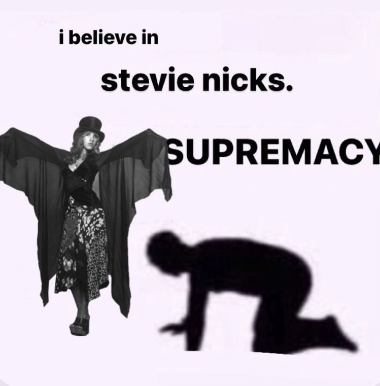 I believe in Stevie Nicks supremacy. L’image montre Stevie Nicks qui pose les bras ouverts pendant qu’une silhouette est agenouillée à ses pieds.