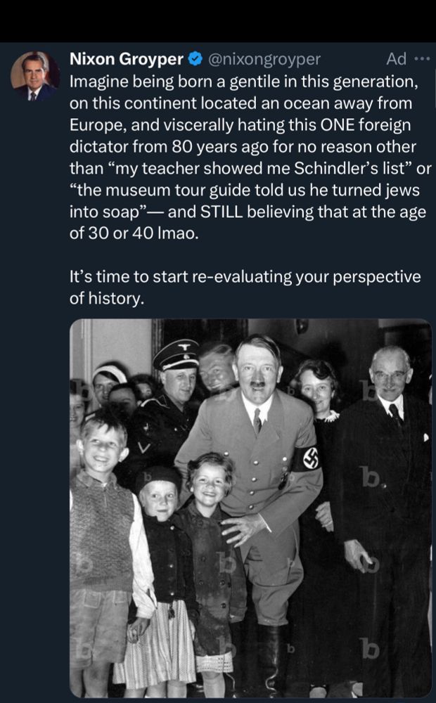 Twitter post screenshot with a controversial message about historical perspective, including a black and white photo depicting a group of people, with a dictator from World War II.