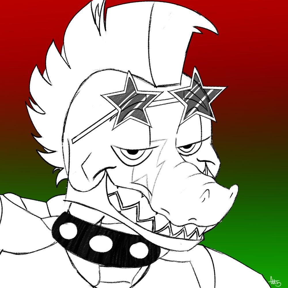 A sketch of Monty from Five Nights at Freddy's: Security Breach giving a toothy smile with lowered eyelids.