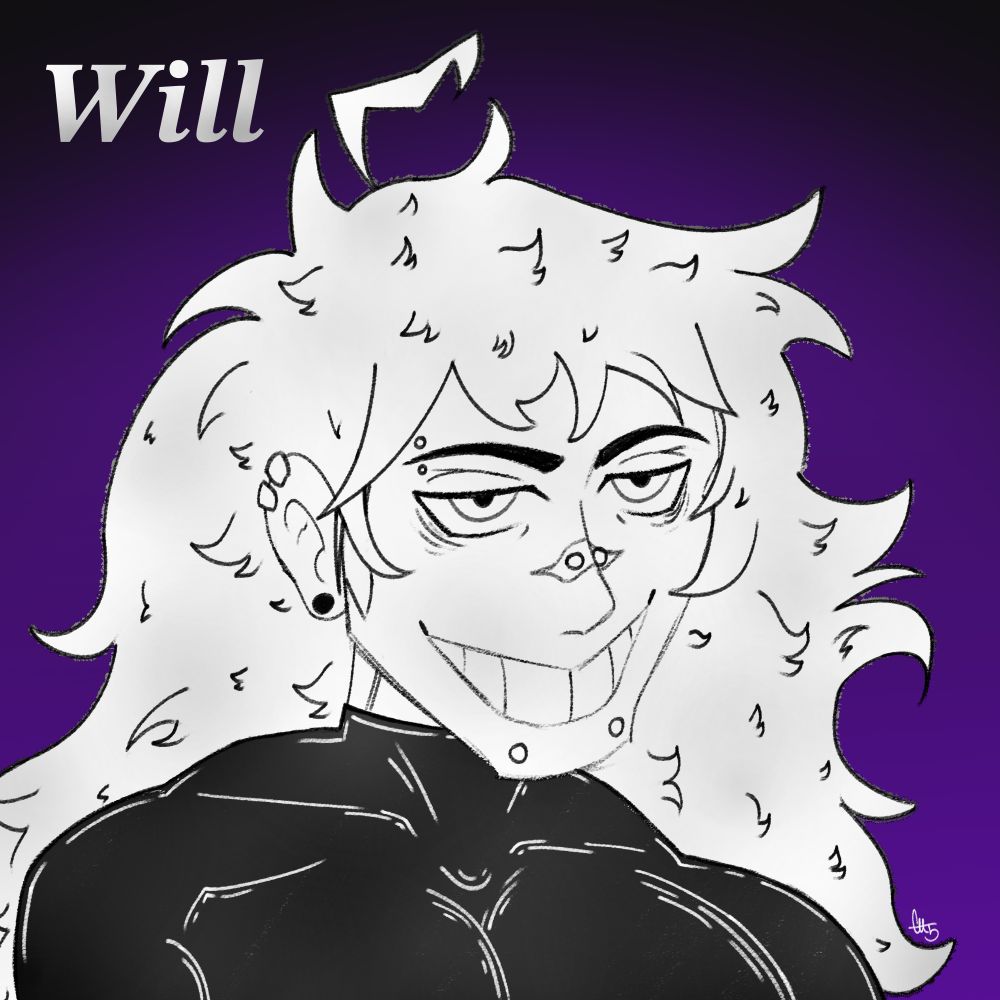 A sketch of a man with fluffy, long hair, wearing a tight fitting black shirt.