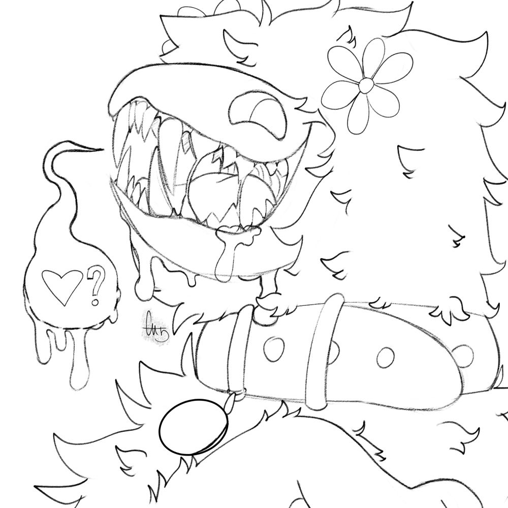 A sketch of a monstrous creature who is smiling widely with sharp teeth and a dripping face.