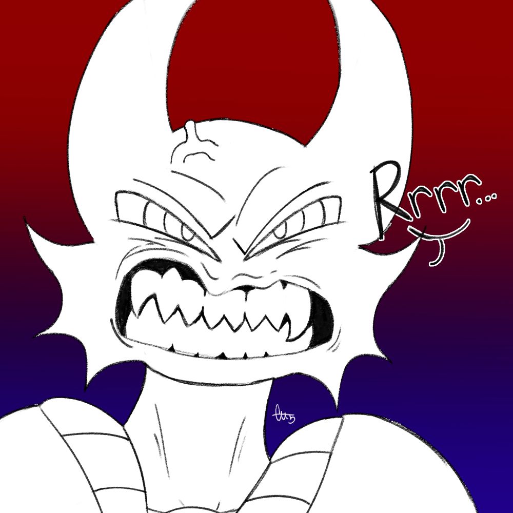 A sketch of an enraged devil-like creature who is pictured growling.