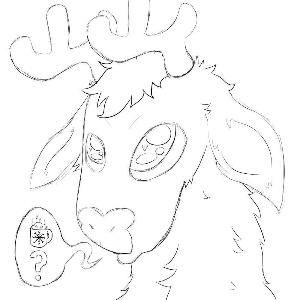 A sketch of a pitiful reindeer begging for hot chocolate.