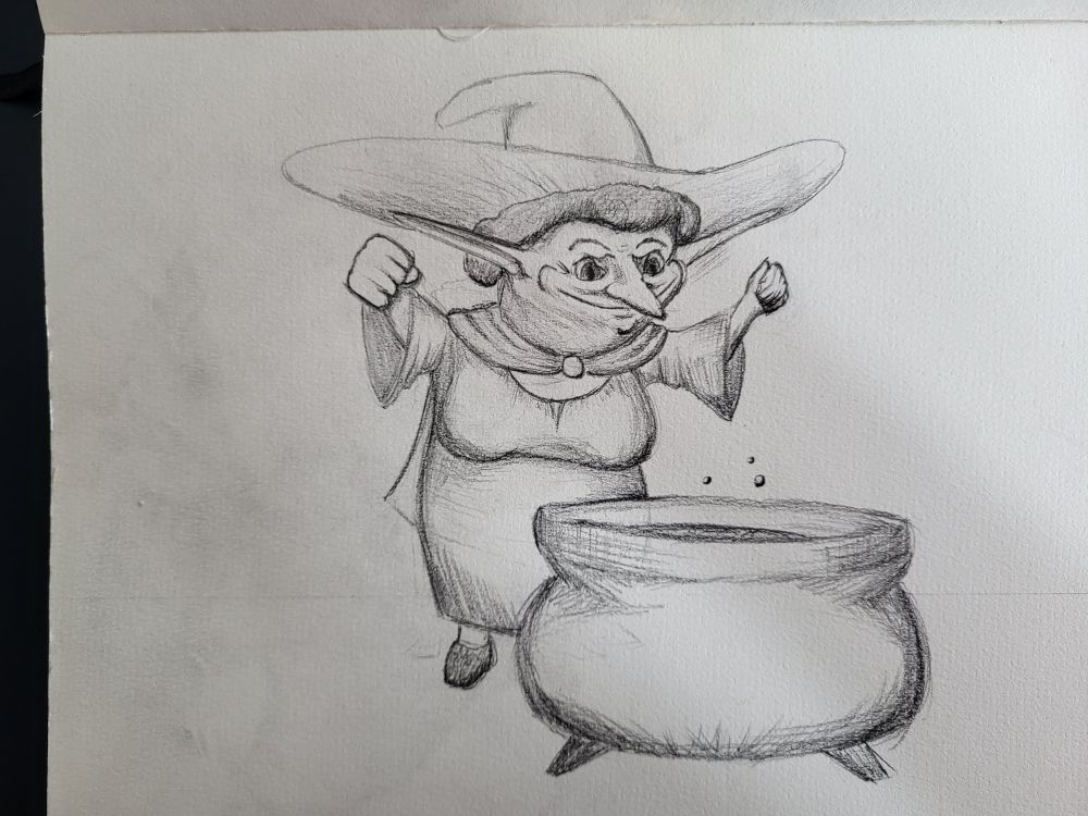 A drawing by me, of a lil tiny goblin witch. She looks like a nice grandma, a smile with a wide grin, a hat with a wide brim, and long pointy ears. In front of her is her that all-important witch accoutrement, the Big Bubbling Cauldron.