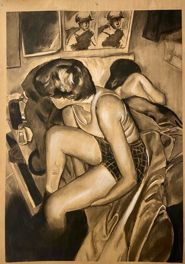 a charcoal and chalk drawing on toned paper. two figures are in bed, one having just awoken and looking away from the viewer while the other stays asleep, nude, under the covers. the awake figure only has his binder and boxers on.