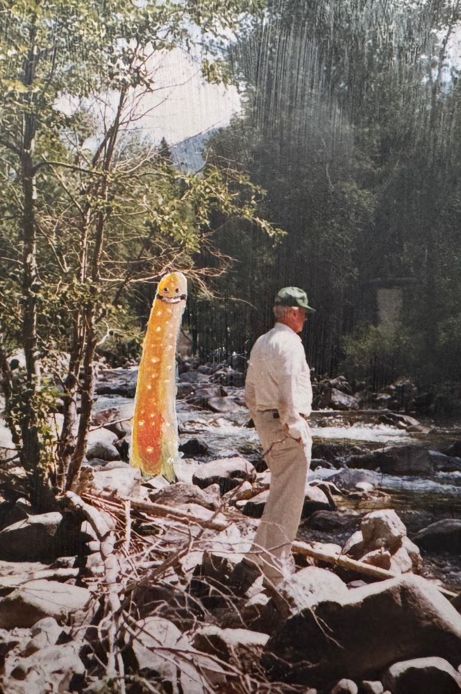 a yellow worm-like creature with a big creepy smile stands behind a man looking down at a river, the creature is painted on top of a candid analog photograph 